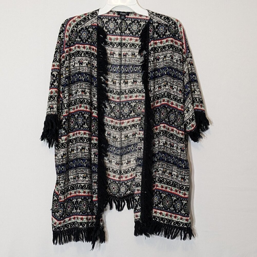RHAPSODY Black/Red India Elephant Fabric; Open Fringed Tunic; Size L